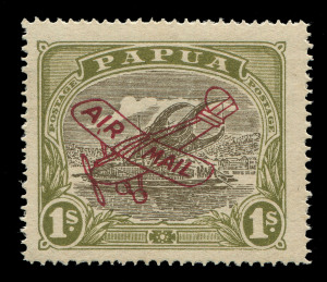 PAPUA : 1929-30 (SG.117) Airmail Overprints 1/- sepia & olive with "Overprint in deep carmine" and with "AI,R MAIL' overprint flaw, marginal example from left of sheet (partial sheet watermark on left edge), MVLH. Unlisted by Gibbons. Sought-after variety.