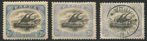 PAPUA : 1907-10 (SG.51a & 62a) Small 'PAPUA' Wmk Upright Perf.11 2½d black & pale ultramarine mint & used (minor tone) and Wmk Sideways Perf.11 2½d black & dull blue mint; all stamps with the variety "Thin 'd' at left", Cat. £345. (3)