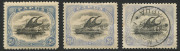 PAPUA : 1907-10 (SG.51a & 62a) Small 'PAPUA' Wmk Upright Perf.11 2&frac12;d black & pale ultramarine mint & used (minor tone) and Wmk Sideways Perf.11 2&frac12;d black & dull blue mint; all stamps with the variety "Thin 'd' at left", Cat. &pound;345. (3)