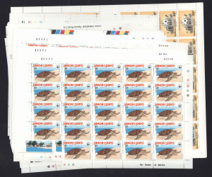 SAMOA : 1978 (SG.506-07) Turtle Conservation (50 sets, mainly in sheets); 1978 (SG.512-15) Captain Cook (25 sets in complete sheets); 1979 (SG.540-43) Whaling Ships (50 sets in complete sheets); 1979 (SG.544-49) 10th Anniversary of Moon Landing (50 sets in complete sheets); 1979 (SG.556-59) Churches (40 sets in complete sheets). All fresh MUH. (860).