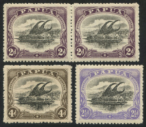 PAPUA : 1910-11 (SG.77a,78a,79a) Large 'PAPUA' Perf.12½ variety group comprising 2d pair, the right-hand unit with "'C' for 'O' in 'POSTAGE' at right", 2½d "Thin 'd' at left", and 4d "Deformed 'd' at left, generally fine mint (4d some gum loss), Cat. £460+. (3)
