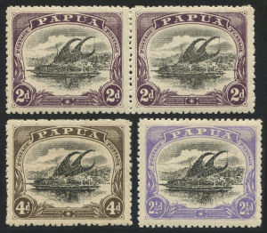 PAPUA : 1910-11 (SG.77a,78a,79a) Large 'PAPUA' Perf.12½ variety group comprising 2d pair, the right-hand unit with "'C' for 'O' in 'POSTAGE' at right", 2½d "Thin 'd' at left", and 4d "Deformed 'd' at left, generally fine mint (4d some gum loss), Cat. £460