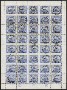 PAPUA : 1917 (SG.108) ONE PENNY on 2½d ultramarine, complete sheet (40) with CA and JBC Monograms at base, cancelled per favour at PORT MORESBY on 30 April 1919. Cat.£180++.