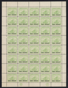 PAPUA : 1917 (SG.106w) ONE PENNY on ½d Yellow-Green, complete sheet (4) with variety "Wmk Crown to right of A", margins intact with both Monograms at base. MUH. Cat.£400++.