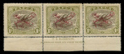 PAPUA : 1930 (SG.116-119) 3d & 6d Aeroplane Overprints Harrison & Ash imprint strips of 3, the Harrison 1/- strip (left-side unit perf reinforcements) with the overprint in DEEP CARMINE, both the Harrison strips with "Tail flaw" [R.8/4], some aging to the