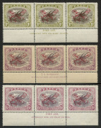PAPUA : 1930 (SG.116-119) 3d & 6d Aeroplane Overprints Harrison & Ash imprint strips of 3, the Harrison 1/- strip (left-side unit perf reinforcements) with the overprint in DEEP CARMINE, both the Harrison strips with "Tail flaw" [R.8/4], some aging to the - 2
