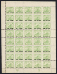 PAPUA : 1917 (SG.106) ONE PENNY on ½d yellow-green, two complete sheets of 40, both with JBC and CA Monograms and perf. guide pips in left and right margins. (80). MUH. Cat.£160++.