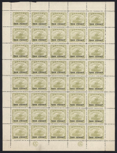 PAPUA : 1917 (SG.109) ONE PENNY on 4d olive-green, two complete sheets of 40, both with JBC and CA Monograms. (80); MUH. Cat.£180++.