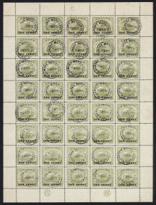 PAPUA : 1917 (SG.109) ONE PENNY on 4d olive-green, complete sheet of 40, with JBC and CA Monograms, cancelled per favour at PORT MORESBY 17 APR 18. (40); Cat.£220++.