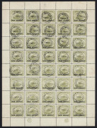PAPUA : 1917 (SG.109) ONE PENNY on 4d olive-green, complete sheet of 40, with JBC and CA Monograms, cancelled per favour at PORT MORESBY 17 APR 18. (40);&nbsp; Cat.&pound;220++.