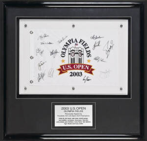 2003 US OPEN, display comprising "Olympia Fields/ US Open/ 2003" flag with signatures of 14 US Open Golf Champions - Ernie Els, Jim Furyk, Hale Irwin, Retief Goosen, Lou Graham, Lee Janzen, Steve Jones, Tom Kite, Larry Nelson, Jack Nicklaus, Corey Pavin, 