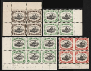 PAPUA : 1907-10 (between SG.47 and 60) Large & Small 'PAPUA' mint multiples comprising Large 'PAPUA' (SG.47) partially reconstructed sheet [25 of 30 positions], Small 'PAPUA' Wmk Upright (inverted) P.11 4d (SG.52) corner block of 4 the lower-right unit wi