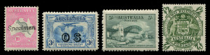 General & Miscellaneous : 1913-79 collection in Seven Seas Hingeless album. Patchy in the early pages but noted a fine 1st wmk 10/- SPECIMEN, various Roos to 2/-, several KGV heads, 3d Kooka M/Sheet, 1/- Lyrebird OS, 3d Kingsford Smith OS, 5/- Bridge, Thin paper Robes to £1, Arms set to £2, '66 defins complete, '71 Xmas blk.7 & 25, misplaced ANPEX opt on Cook sheet, etc. Mixed M/MLH/MUH. (qty).