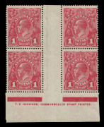 KGV Heads - Single Watermark : 1d Red Plate 4 Harrison one-line imprint block of 4 with varieties "Ferns" [VII/54] and "'RA' of 'AUSTRALIA' joined" [VII/60], fresh block with upper units MVLH, lower units MUH; BW: 71(4)zj - Cat. $1500+.