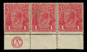 KGV Heads - Single Watermark : 1d Red Die III 'CA' Monogram strip of 3, some hinge reinforcements at base, selvedge without gum, stamps MVLH: BW: 75zb - Cat. $3,750.