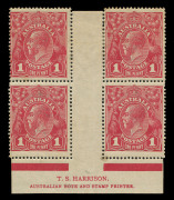 KGV Heads - Single Watermark : 1d Red Plate 4 Harrison two-line ('N' over 'MP') imprint block of 4 with varieties "Ferns" and "'RA' of 'AUSTRALIA' joined", somewhat aged, lower units MUH; BW: 71(4)zk - Cat. $1750.