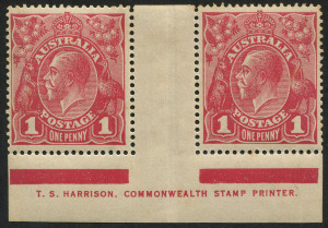 KGV Heads - Single Watermark : 1d Red Plate 4 Harrison one-line imprint pair with variety "'RA' of 'AUSTRALIA' joined" [VII/60], somewhat aged, MLH; BW: 71(4)zj - Cat. $1500 (as an imprint block of 4).