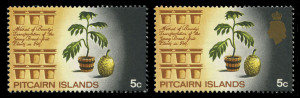 PITCAIRN ISLANDS : 1969-75 (SG.98a) 5c Breadfruit, striking variety "Gold (Queen's head) omitted", MUH single, with normal for comparison. An extreme rarity of the Elizabethen era. Cat.£2,000.