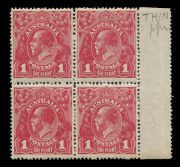 KGV Heads - Large Multiple Watermark : Harrison 1d Carmine-Rose [G104] THIN PAPER marginal block of 4, storage-related tone banding on gum, MVLH with lower units MUH; BW:74Aaa - Cat. $2000+.