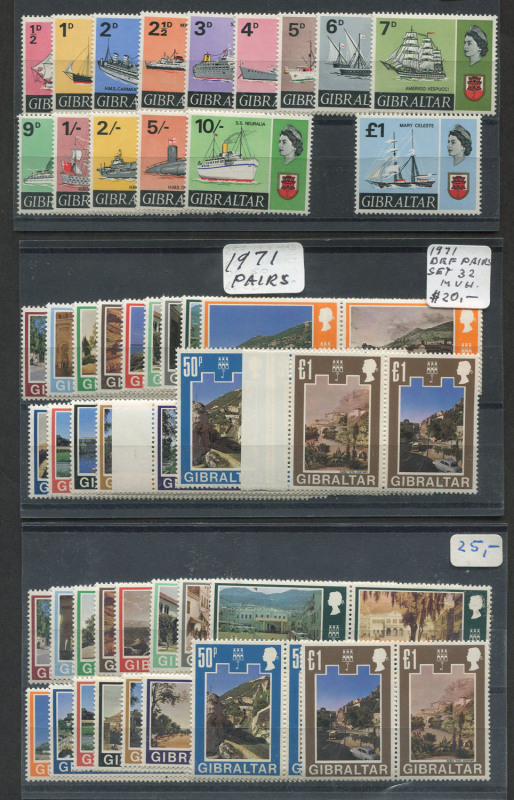 Cyprus : 1948 Silver Wedding pair (2), 1963 Europa set in blks.4, 1964 Wines (3 sets), 1965 I.C.Y. (14 sets in blks.), 1965 Europa set in blks.4; also GIBRALTAR 1963 9d FFH (3), 1965 ITU (2 sets), 1967-69 Ships set of 15, 1971 Pictorias to £1 (2 sets of p
