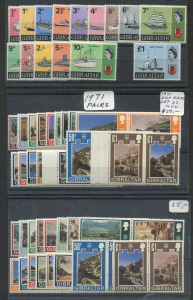 Cyprus : 1948 Silver Wedding pair (2), 1963 Europa set in blks.4, 1964 Wines (3 sets), 1965 I.C.Y. (14 sets in blks.), 1965 Europa set in blks.4; also GIBRALTAR 1963 9d FFH (3), 1965 ITU (2 sets), 1967-69 Ships set of 15, 1971 Pictorias to £1 (2 sets of pairs), all fresh MUH.