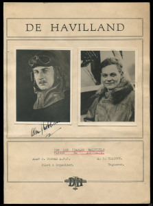 Aerophilately & Flight Covers : ALAN COBHAM & DE HAVILLAND: A two-page display on De Havilland headed sheets, comprising of 3 original photographs; one of Cobham's DH50J Seaplane (G-EFBO) "to be used by Mr. Alan J. Cobham on his forthcoming flight to Australia"; one of Arthur Elloitt (who would die en route from a bullet wound) and another signed by Cobham.