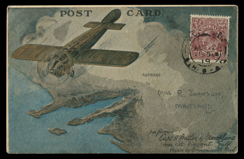 Aerophilately & Flight Covers : 11 Aug.1919 (AAMC.22a) Minlaton - Adelaide Harry Butler card, carried on the return flight and cancelled on arrival 12 AU 19. The return flight mail was much smaller than that carried on the outward flight. Cat.$750.