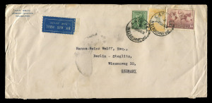 Kangaroos - CofA Watermark : 5/- Grey & Yellow used in combination with 1/6 Hermes + 4d Koala on June 1938 quadruple-rate airmail cover from Melbourne to Germany; the adhesives tied by LATE FEE cds's.