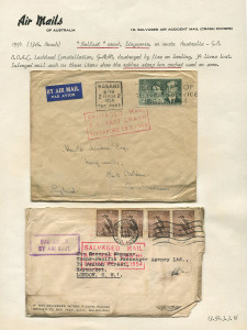 Aerophilately & Flight Covers : 13 Mar. 1954 (AAMC.1337) BOAC "Belfast" Singapore crash covers to England; one bearing the 2/- Royal Visit from HOBART; the other with 4 x 6d Kookas from MELBOURNE. Both covers with boxed red "SALVAFGED MAIL" cachet. Cat.$200.