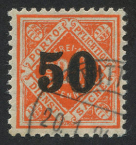 GERMAN STATES : WURTTEMBURG - OFFICIALS: 1923 (Mi.188) 50 on 25pf red-orange, VFU with part STUTTGART Jan.1924 cds. Cat.1,100Eu.