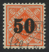 GERMAN STATES : WURTTEMBURG - OFFICIALS: 1923 (Mi.188) 50 on 25pf red-orange, VFU with part STUTTGART Jan.1924 cds. Cat.1,100Eu.&nbsp;