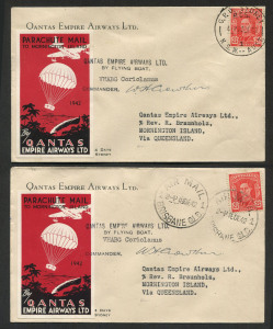 Aerophilately & Flight Covers : 18 & 23 Dec.1942 (AAMC.950 & 951) Sydney - Mornington Island and Brisbane - Mornington Island Qantas Christmas mail covers, flown and signed by Captain W.H. Crowther and dropped by parachute over the island; both with special vignettes and signed verso by the Officer in Charge. (2).