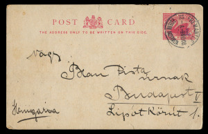 WESTERN AUSTRALIA - Postal Stationery : POSTAL CARDS: 1908 (Nov.9) use of 1½d on 2d carmine Postal Card (PC14) from Fremantle to Hungary. Only 6,000 to 8,000 of this card were delivered. Surviving used examples are extremely scarce, especially to unusual overseas destinations