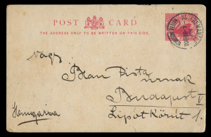 WESTERN AUSTRALIA - Postal Stationery : POSTAL CARDS: 1908 (Nov.9) use of 1½d on 2d carmine Postal Card (PC14) from Fremantle to Hungary. Only 6,000 to 8,000 of this card were delivered. Surviving used examples are extremely scarce, especially to unusual 