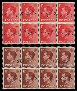 GREAT BRITAIN : 1936 (SG.458-59) KEVIII 1d & 1½d blocks of 8 (4x2) with C/OF/A perfins laid out in mirrored pairs, believed to have been prepared for the Australian Contingent planning to attend Coronation of King Edward VIII, subsequently abandoned following the King's abdication on 11th December 1936, with the Coronation of KGVI proceeding on the original scheduled date of 12 May 1937; fine mint hinged, with six units in each block MUH. Possibly unique.
