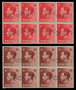 GREAT BRITAIN : 1936 (SG.458-59) KEVIII 1d & 1½d blocks of 8 (4x2) with C/OF/A perfins laid out in mirrored pairs, believed to have been prepared for the Australian Contingent planning to attend Coronation of King Edward VIII, subsequently abandoned follo