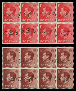 GREAT BRITAIN : 1936 (SG.458-59) KEVIII 1d & 1&frac12;d blocks of 8 (4x2) with C/OF/A perfins laid out in mirrored pairs, believed to have been prepared for the Australian Contingent planning to attend Coronation of King Edward VIII, subsequently abandoned follo