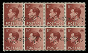 GREAT BRITAIN : 1936 (SG.458-59) KEVIII 1d & 1&frac12;d blocks of 8 (4x2) with C/OF/A perfins laid out in mirrored pairs, believed to have been prepared for the Australian Contingent planning to attend Coronation of King Edward VIII, subsequently abandoned follo - 2