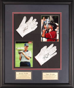 TIGER WOODS & KARRIE WEBB, display with golf gloves signed by each player, window mounted with photographs, framed & glazed, overall 66x79cm.