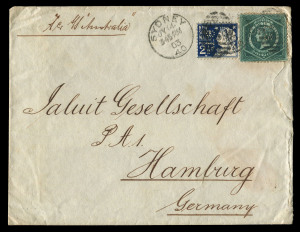 NEW SOUTH WALES - Postal History : NEW SOUTH WALES - Postal History: 1903 (JY 14) usage of 5d + 2�d adheisves, both perforated "JS/S" on cover from Sydney to the Jaluit Gesellschaft, Hamburg, with arrival backstamp.