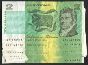 Decimal B/notes:Two Dollars : $2 Johnston/Fraser x20, some consecutive notes comprising 'LEB428675-680', 'LEA 428902-03' 'LEB 428614-15', 'LEB 628866-67', 'LGE 683351-52', VG to EF. (20)