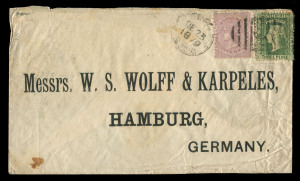 NEW SOUTH WALES - Postal History : 1879 (Dec.23) "GARDEN PALACE N.S.W. 991" postmarks tieing 6d + 3d adhesives on cover to Germany with arrival b.s.The post office at the Sydney Exhibition building was open for seven months, closing in January 1880. Only two other examples of the postmark on cover are recorded, both used as backstamps.