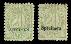 Postage Dues (New South Wales) : 1891-97 range of (17) stamps, all overprinted "Specimen" (1891) or "SPECIMEN" (1892), comprising ½d, 1d, 2d, 3d (2), 4d (2), 6d (2), 8d (2), 5/- (2), 10/- (2) & 20/- (2); all different; mainly fine. BW cat. approx. $1350.