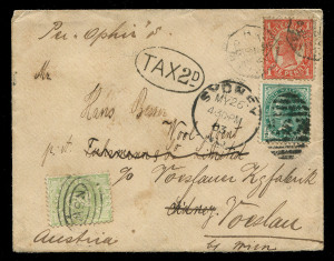 Postage Dues (New South Wales) : March 1896 usage of 1d Due on underpaid incoming US 1c Postal Card from New York with VANCOUVER transit verso; also, May 1903 usage of 2d Due on cover from Brisbane via Sydney (where a ½d QV has been affixed) ; various markings. (2 items).for redirection to Austria