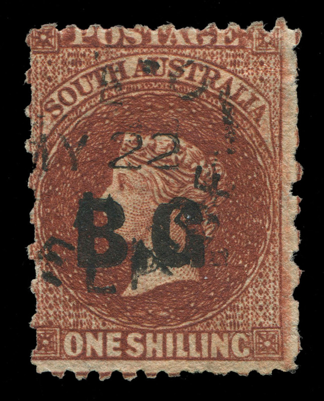 Officials (South Australia) : BOTANIC GARDEN: "B.G." overprint in black on 1/- chestnut, perf.11½ x rouletted, FU with ADELAIDE 1871 cds. Fine. 