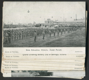 AUSTRALIAN PICTURE POSTCARDS - Victoria : VICTORIA WELCOMES/THE AMERICAN FLEET': 1908 complete set of 12 cards, few blemishes ("Clerk's Home", corner fault), generally good to fine. (12)