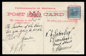 WESTERN AUSTRALIA - Postal Stationery : POSTAL CARDS - GREAT WHITE FLEET: 1908 (PC16) intrastate use of 1d dull blue Fleet Card from Perth to Claremont, fine condition.
