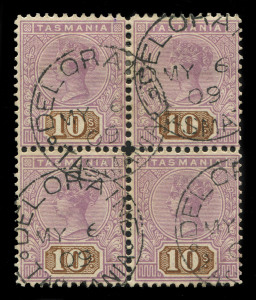 TASMANIA : 1906-09 (SG.258) 10/- mauve & brown, perf.12½, wmk Crown over A inverted; a superb commercially used blk.(4) from DELORAINE in May 1909. Cat.£1100++.