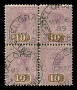 TASMANIA : 1906-09 (SG.258) 10/- mauve & brown, perf.12&frac12;, wmk Crown over A inverted; a superb commercially used blk.(4) from DELORAINE in May 1909. Cat.&pound;1100++.
