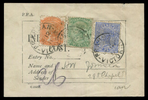 VICTORIA - Postal History : 1911 (Dec.12) MIXED FRANKING on an Inland Parcel Label, comprising Queensland 2d blue, South Australia 2d Orange and Tasmania 2d green all tied by PRAHRAN cds's and addressed locally. Most unusual!